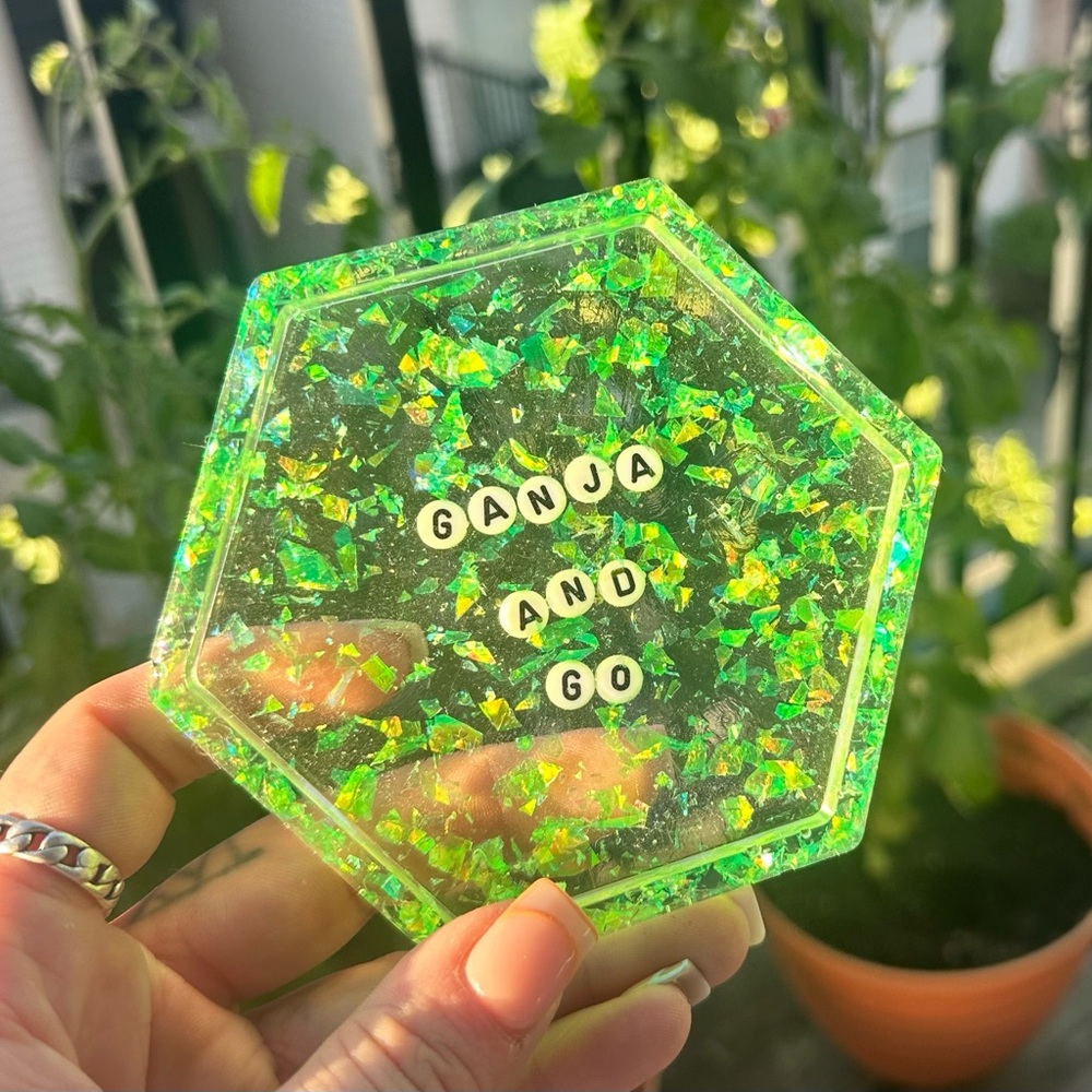 Hexagonal Green Coaster with Text